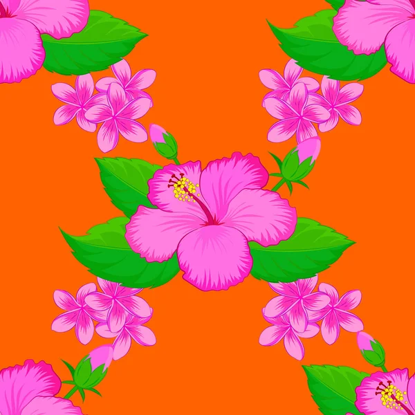 Płynny Wzór Kwiatów Hibiskusa Abstrusa Pomarańczowym Tle Styl Vintage Ilustracja — Wektor stockowy