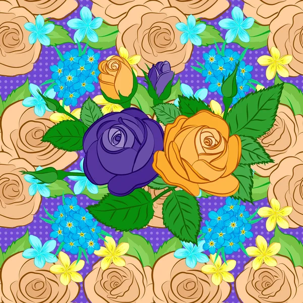 Gekritzelte Skizzen Handgezeichnete Illustrationen Vektornahtloses Blumenmuster Mit Rosenblüten Und Grünen — Stockvektor