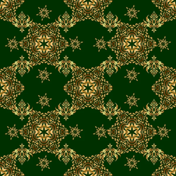 Golden Texture Green Background Vector Seamless Pattern Gold Ornament — Stock Vector