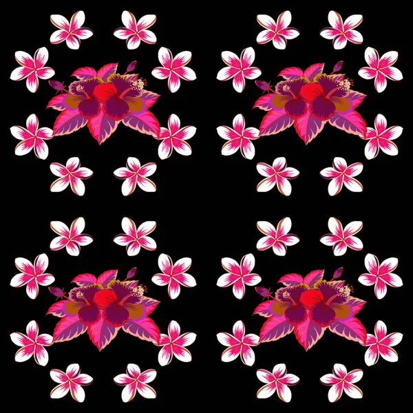 Vector Hibiscus Flower Seamless Pattern Pink Red Purple Colors Black — Stock Vector