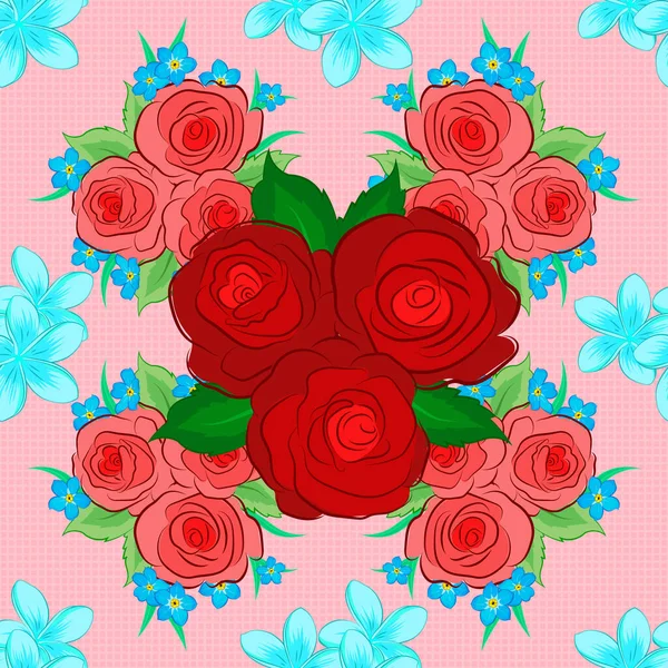 有风格的玫瑰花和粉色背景上的绿叶的矢量无缝背景图案 — 图库矢量图片