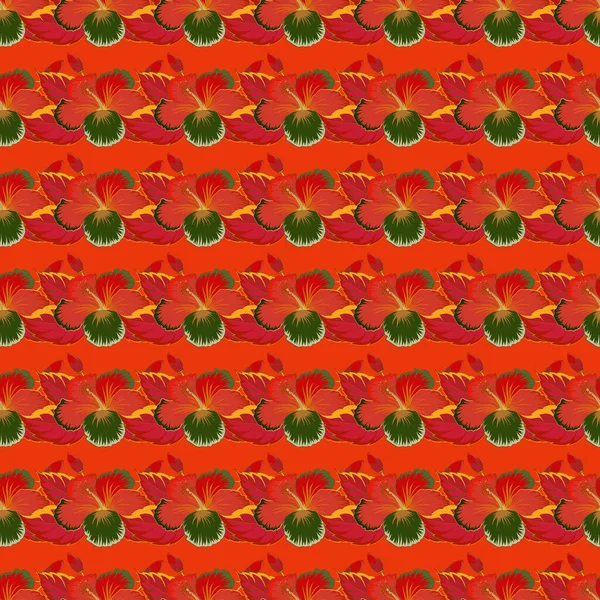Illustration Vectorielle Illustration Vectorielle Fleurs Hibiscus Rouge Vert Orange Motif — Image vectorielle