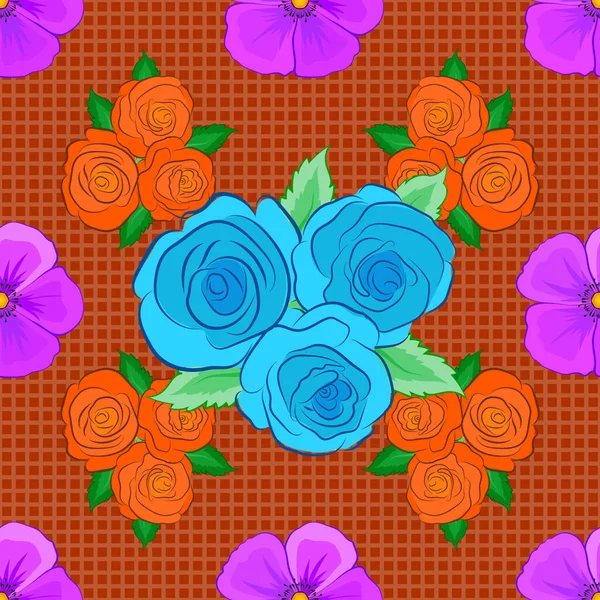 Vektorillustration Sömlös Blommönster Orange Blå Och Violetta Färger Med Brokiga — Stock vektor