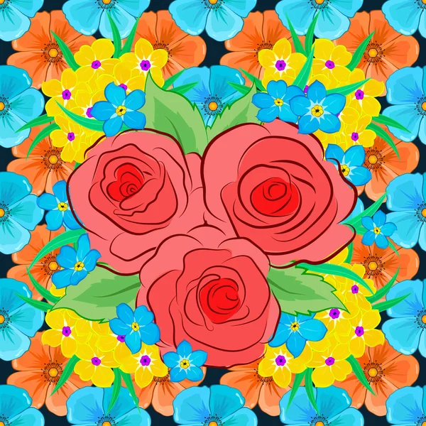 矢量图解 浪漫无缝的图案 水彩缤纷的玫瑰花束和蓝色背景的绿叶 纺织品 包装纸 — 图库矢量图片