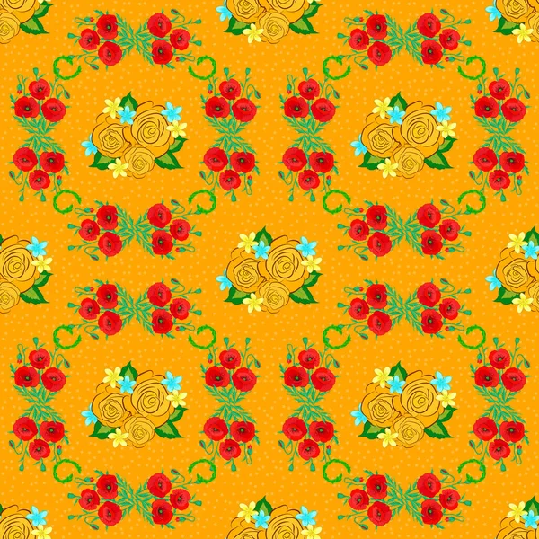 Цветы Роз Зеленые Листья Узоров Цветочный Узор Зеленом Желтом Красном — стоковый вектор