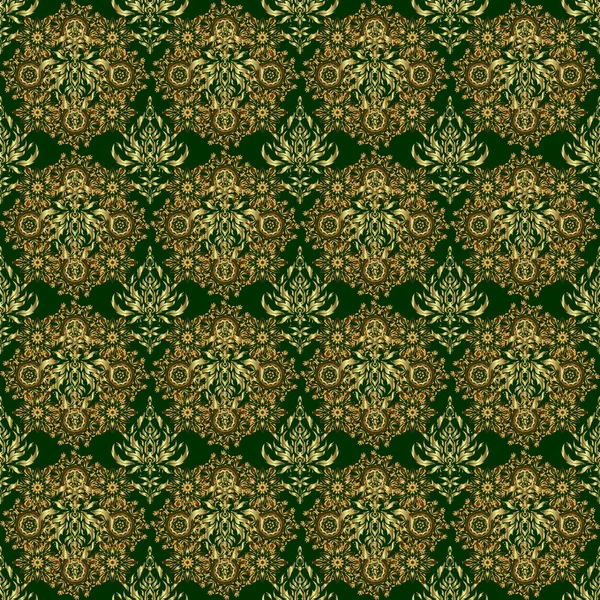 Безшовний Золотий Вінтажний Візерунок Зеленому Тлі Векторні Старі Марокканські Арабські — стоковий вектор