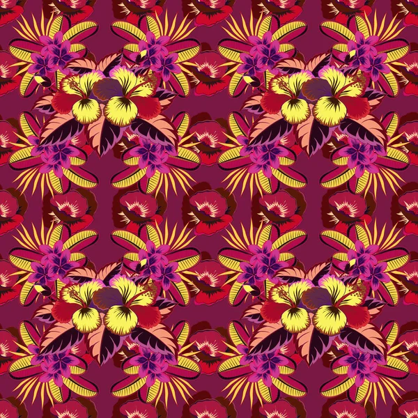 Vektorillustration Nahtloses Muster Mit Roten Lila Und Gelben Blüten Vektorillustration — Stockvektor