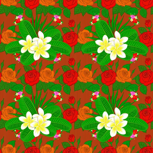 Vector Plumeria Flower Nahtloses Muster Orange Rot Und Grün — Stockvektor