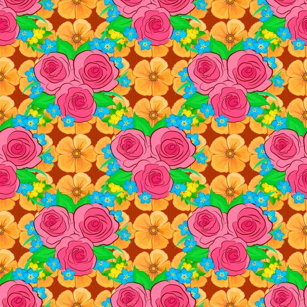 矢量花无缝图案 带有绿叶的橙色 粉色和黄色彩绘玫瑰的背景 — 图库矢量图片