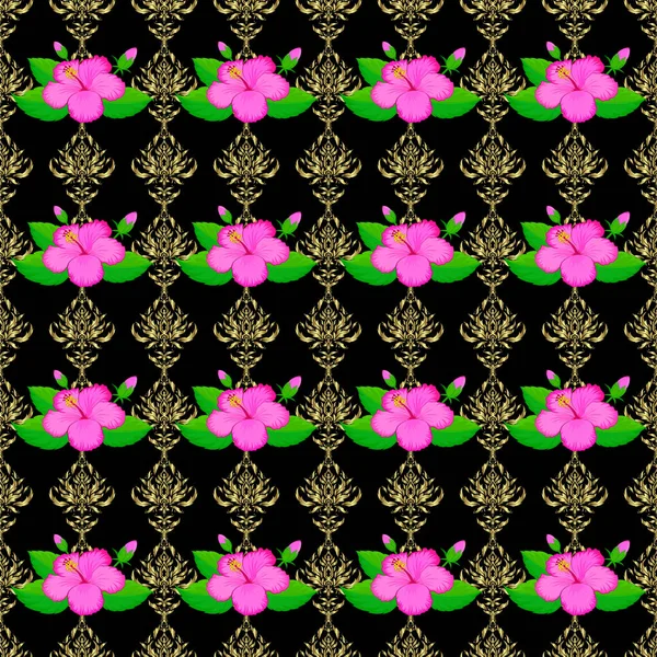 Naadloos Patroon Een Zwarte Achtergrond Met Schattige Hibiscus Bloemen Bloemen — Stockvector