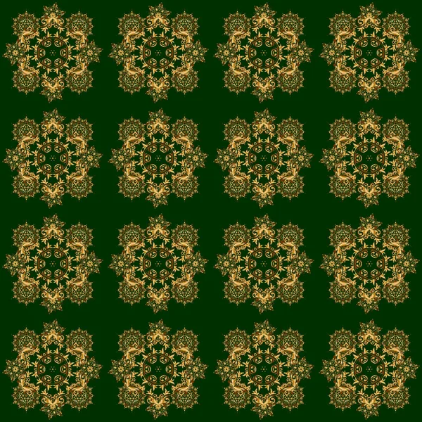 Motif Vectoriel Sans Couture Mehndi Doré Sur Vert Style Indien — Image vectorielle