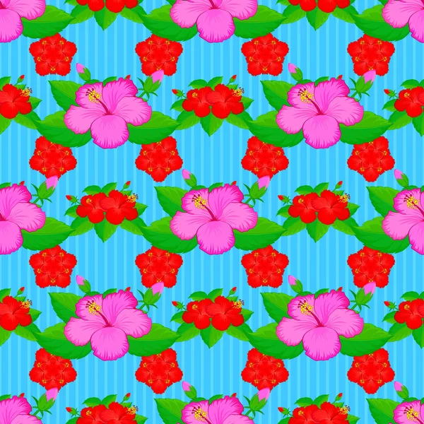 Roztomilý Vzor Květin Ibišku Akvarel Bezešvný Vzor Pruhovaném Pozadí Vektorový — Stockový vektor