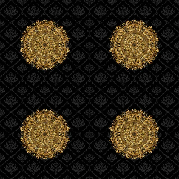 ギフト紙 ファブリックプリント 家具のための複雑なデザイン要素 ボホ抽象的なシームレスパターン 黒の背景にカラフルな黄金のタイル曼荼羅 珍しいベクトル装飾 — ストックベクタ