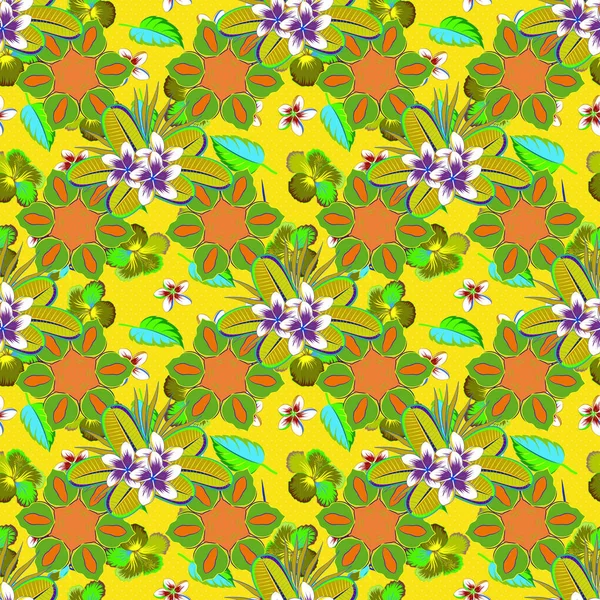 Nahtloses Hintergrundmuster Mit Dekorativen Blüten Und Blättern Grün Gelb Und — Stockvektor