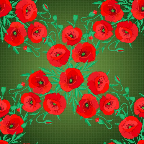Vector Illustration Seamless Background Pattern Decorative Poppy Flowers Leaves Red — Stock Vector