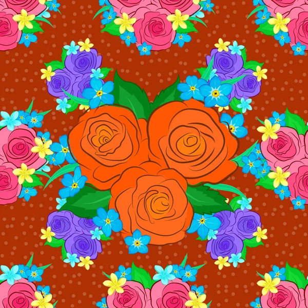 Безрозовый Узор Фон Синем Оранжевом Розовом Цветах Ретро Ботанический Стиль — стоковый вектор