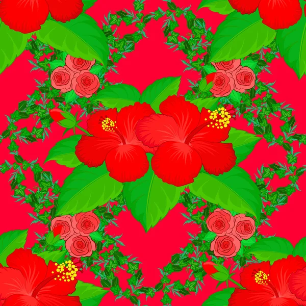 Weicher Hibiskusblütendruck Aquarell Nahtloses Muster Auf Rotem Hintergrund Vektorillustration — Stockvektor