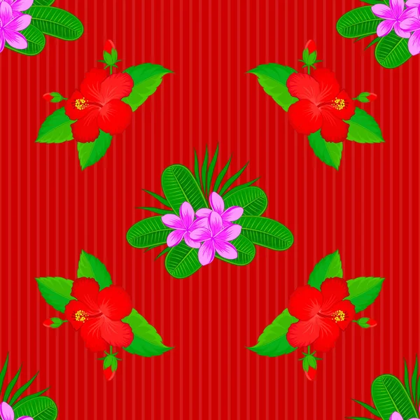 赤の背景に夏のハイビスカスの花の装飾とシームレスなパターン 水彩ベクトルイラスト — ストックベクタ