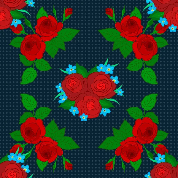 Akvarel Hladký Vzor Růžemi Zelenými Listy Modrém Pozadí Ročník Styl — Stockový vektor