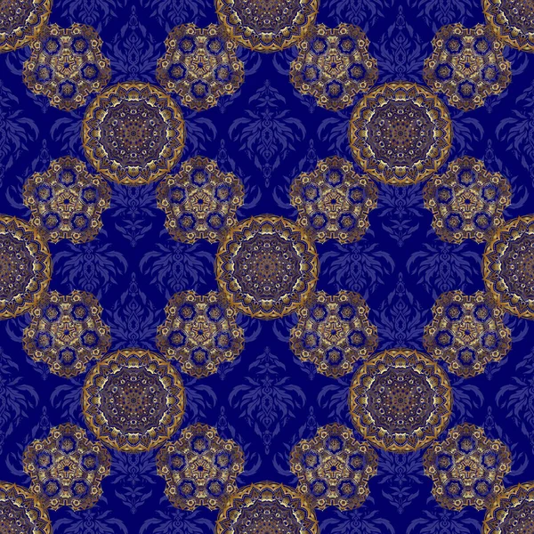 Naadloze Bloemenbetegeling Patroon Goud Blauwe Kleuren Vintage Damast Ornament — Stockvector