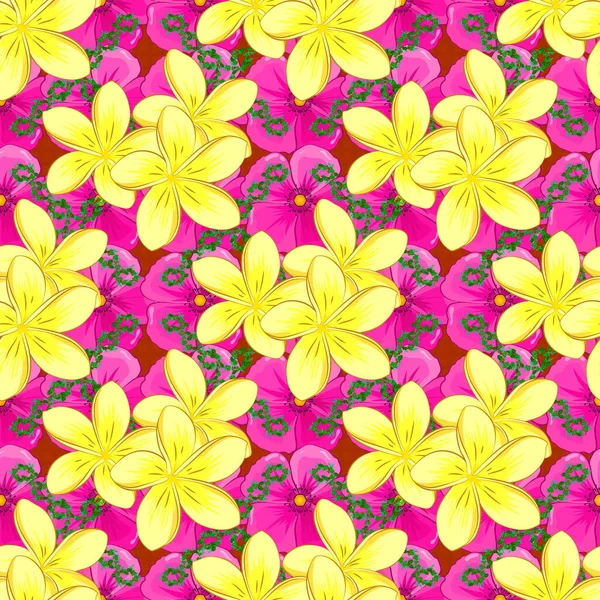 Moderne Plumeria Bloemenpatroon Met Koninklijke Lommerds Gekleurd Oriëntatiepatroon Roze Gele — Stockvector