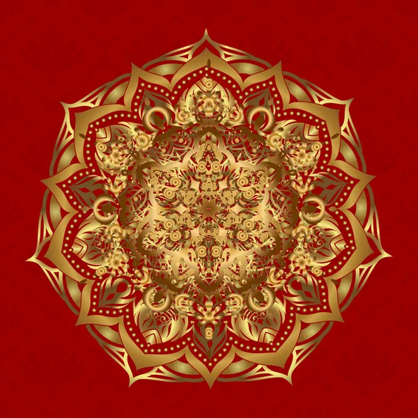 Gold Mandala Muster Ethnische Textur Vintage Dekorative Ornament Auf Rotem — Stockvektor