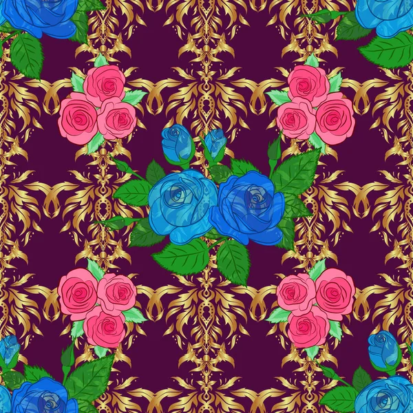 青と紫の色で花のヴィンテージシームレスパターン かわいいベクトルバラの花と緑の葉のプリント ベクターイラスト — ストックベクタ