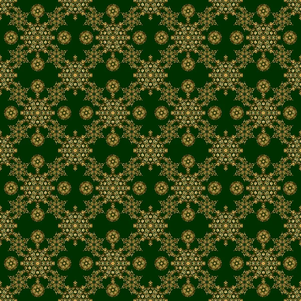 Decorative Vector Golden Elements Green Backdrop Vintage Seamless Pattern Decoration — Stock Vector