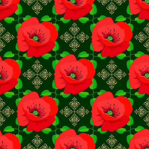 Vintage Naadloos Patroon Een Groene Achtergrond Handgeschreven Raster Papaver Bloemen — Stockvector