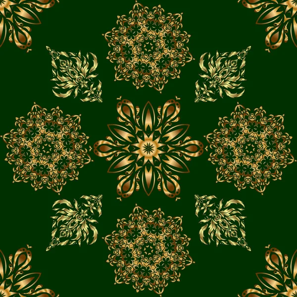 Arabesques Orientales Sur Fond Vert Motif Uni Boucles Dorées Texturées — Image vectorielle