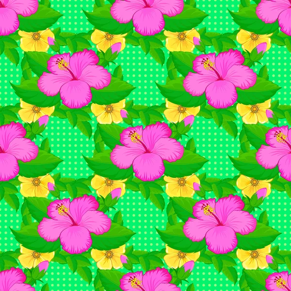 Vector Illustratie Naadloos Patroon Met Schattige Hibiscus Bloemen Een Groene — Stockvector