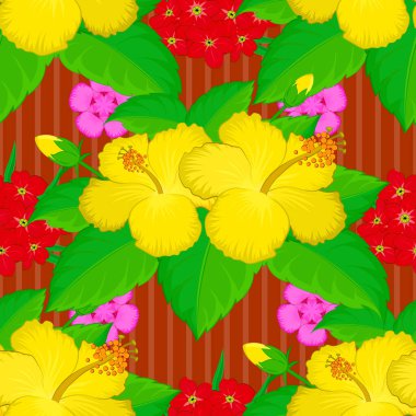 Tropik yaz motifli sarı, kırmızı ve yeşil renkli desenler doku, ambalaj, tekstil ve kumaş olarak kullanılabilir. Tropikal amber çiçeklerinin, sık ormanların vektörsüz desenleri. El boyası.