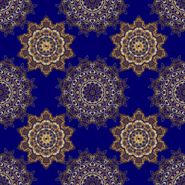 Metin için tasarım, davetiye kartları, çeşitli baskı sürümleri. Mavi arka planda altın elementlerle kusursuz bir desen. Doğu tarzında altın bir vektör süsü..