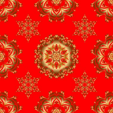 Kırmızı arka planda barok tarzında, doğulu süslemeler. Geleneksel klasik altın ve kırmızı desen. Vektör illüstrasyonu.