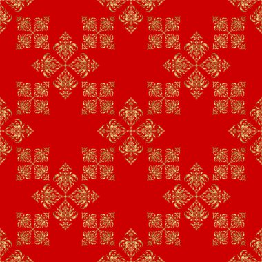 Kış kar tasarımı duvar kağıdı. Noel altını kar taneleri pürüzsüz desenli. Kırmızı zemin üzerinde altın parıltılı kar taneleri. Sembol bayramı, yeni yıl 2018 kutlaması. Vektör illüstrasyonu.