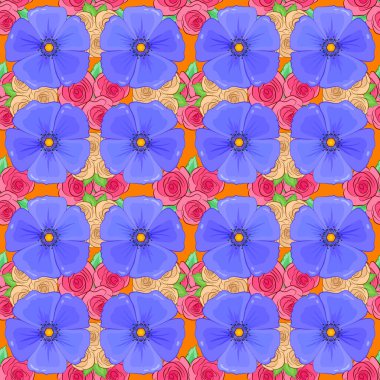 Pembe, bej ve mor renkli, soyut, sevimli çiçek deseni. Vektör çizimi. Parlak güzel kozmos çiçekleri pürüzsüz arka plan.