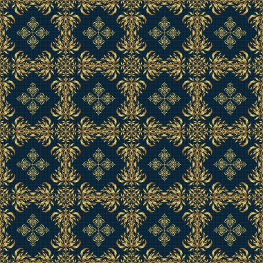 Altın elementlerle kusursuz bir desen. Mavi arkaplanda altın ızgara.