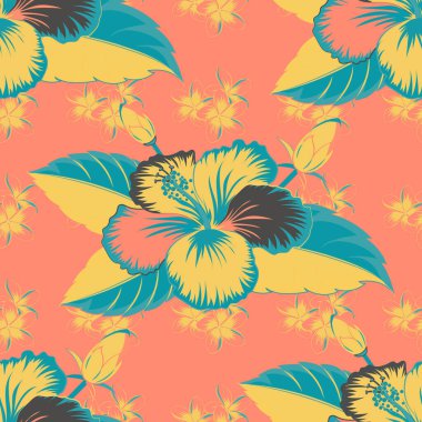 Tropik yaz motifli sarı, mavi ve turuncu desenler doku, ambalaj kağıdı ve tekstil tasarımı olarak kullanılabilir. Şirin tropikal amber çiçeklerinin, sık ormanların vektörsüz deseni..