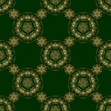 Lüks çiçekli çerçeveler ve süslü dekorlar. Vignette ve sınırlar veya tasarım şablonu için vektör altın elementler. Yeşil arka planda Viktorya dönemi tarzında kusursuz desen.