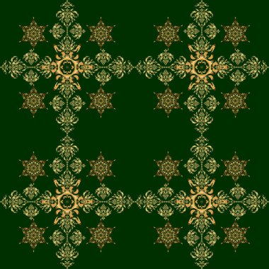 Klasik altın desenli, altın çiçekli süsleme brokar desenli, cam desenli, yeşil arka planda çiçeklerle süslenmiş altın metalli..