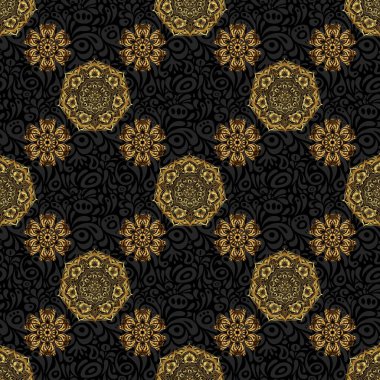 Damask vektörü klasik altın desen. Siyah arka planda altın renklerde kusursuz soyut elementler. Altın yinelenen elementlerle oryantal arkaplan.