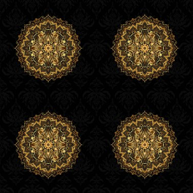 Siyah arka planda yuvarlak süs deseni. Geometrik daire elementleri. Altın Mandala. İslam 'ın, Arapça' nın, Hint dinlerinin ruhani ve ayinsel sembolü. Doğulu motifler.