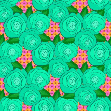 Raster kusursuz bir geçmişi var. Güzel suluboya gül çiçekleri ve yeşil yapraklar pembe, yeşil ve mavi renklerde. Parlak resim gül desenine ilham verdi.