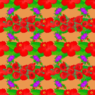 Grafiksel modern model. Haşhaş çiçekleriyle kusursuz desen. Güzel vektör arkaplanı. Geometrik yaprak süsü. Kahverengi bir arka planda kusursuz soyut çiçek deseni.