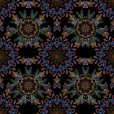 Siyah bir arkaplanda kırmızı, yeşil ve sarı renklerde vektörsüz süs. Sıkıntılı damask desensiz arkaplan fayansı.