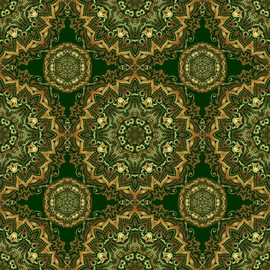 Kusursuz soyut arka plan ve altın tekrarlayan elementler. Yeşil ve altın desenli. Zarif vektör klasik altın pürüzsüz desen.