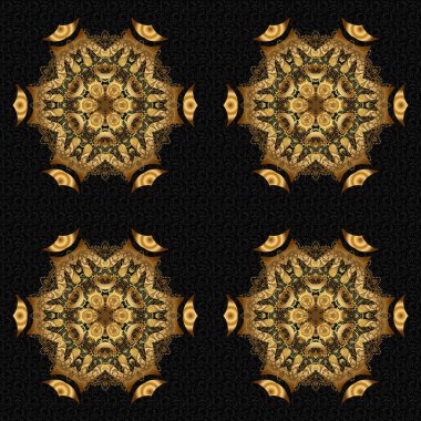 Mandala tarzı. Zengin etnik çizgili dikişsiz geometrik tasarım. Vektör çizimi. Siyah arkaplanda altın mandala.