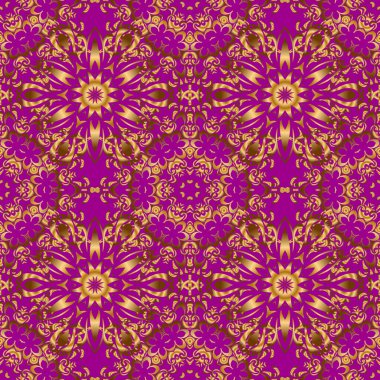 Vektör çizimi. Mor bir arka planda kraliyet altın pürüzsüz desen. Duvar kâğıdı, davetiye, ambalaj için lüks süs.