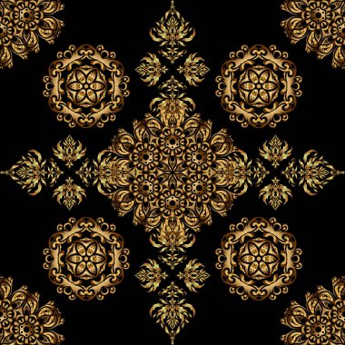 Siyah arka planda altın süslemeli vektör çizimi. Altın pürüzsüz desen.