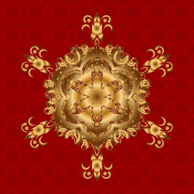 Tasarım elementi. Dekoratif yuvarlak süs. Stres önleyici terapi kalıbı. Yoga logosu, meditasyon posterinin arka planı. Kırmızı arkaplanda vektör çizgisi Mandala. Alışılmadık şekil oryantal çizgi.